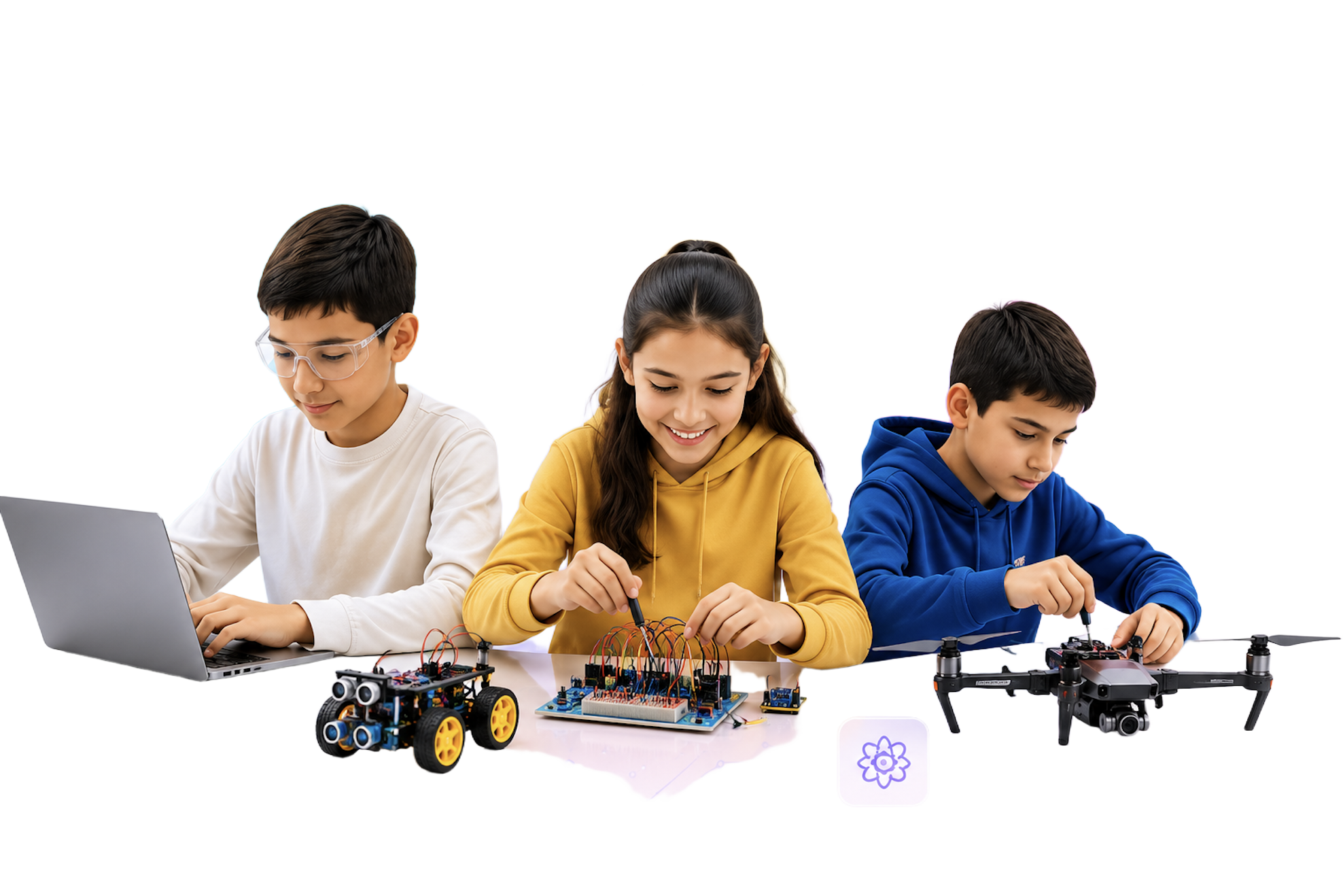Kids learning STEAM education with robotics, tablets and laptops
